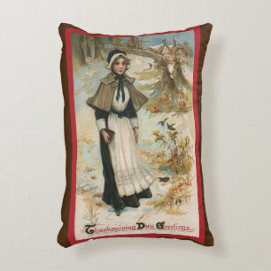 Thanksgiving Day Greetings with a Pilgrim Woman Decorative Cushion