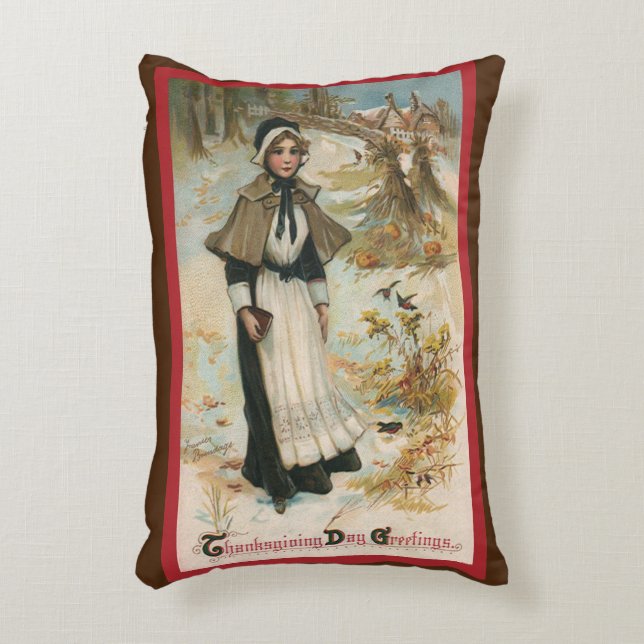 Thanksgiving Day Greetings with a Pilgrim Woman Decorative Cushion (Front(Vertical))