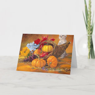 Thanksgiving day pumpkins with cat holiday card