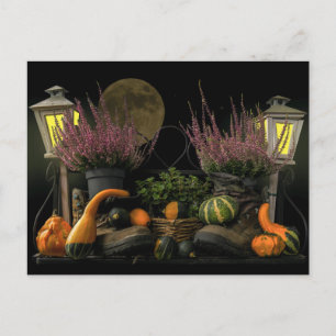 Thanksgiving Day Scene With Bench and Fall Harvest Holiday Postcard