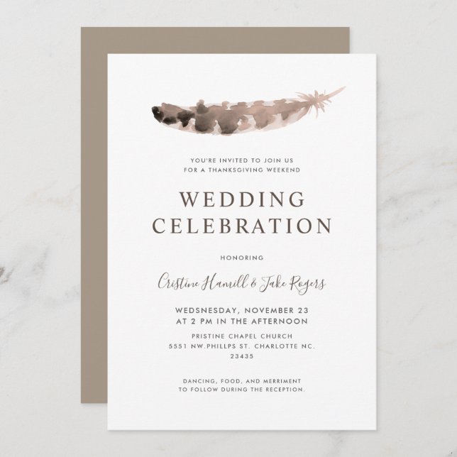 Thanksgiving Day Weekend Wedding Turkey's Feather Invitation (Front/Back)