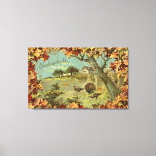 Thanksgiving DayFallen Leaves and Turkeys Canvas Print