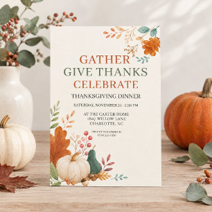 Thanksgiving Dinner Autumn Botanical Pumpkin Invitation