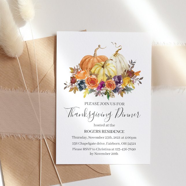 Thanksgiving Dinner, Autumn Flowers Pumpkins Invitation (Creator Uploaded)