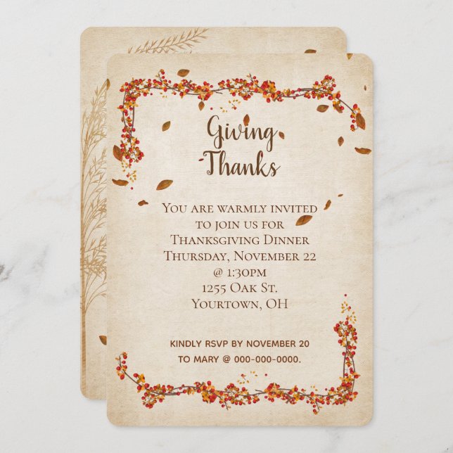 Thanksgiving Dinner autumn foliage frame Invitation (Front/Back)