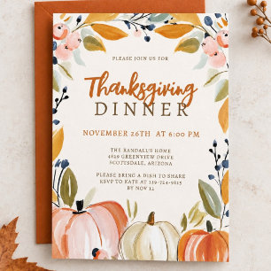 Thanksgiving Dinner Autumn Watercolor Pumpkins Invitation