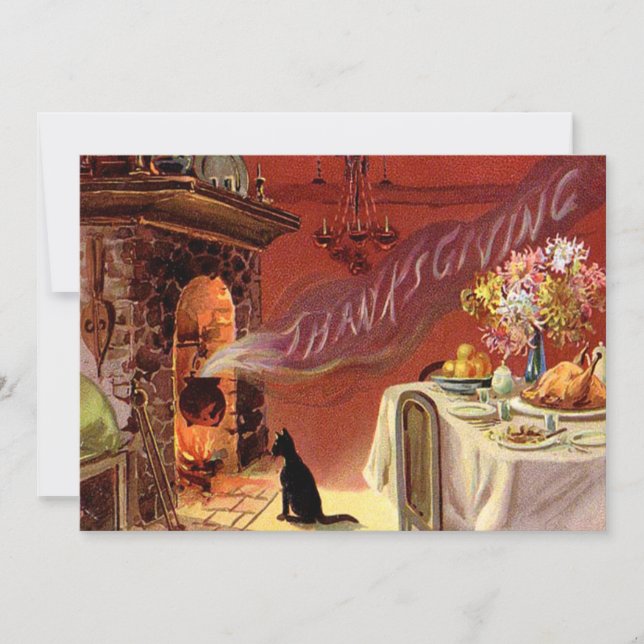 Thanksgiving Dinner Black Cat Fireplace Turkey Holiday Card (Front)