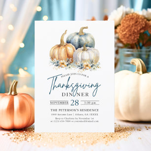 Thanksgiving Dinner Blue Orange Gold Pumpkins Invitation