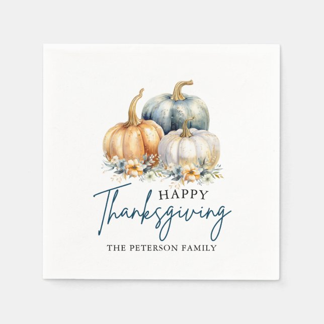 Thanksgiving Dinner Blue Orange Gold Pumpkins Napkin (Front)