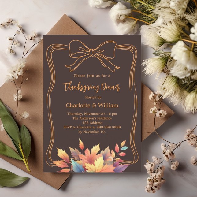 Thanksgiving dinner bow bistre brown fall leaves invitation (Creator Uploaded)