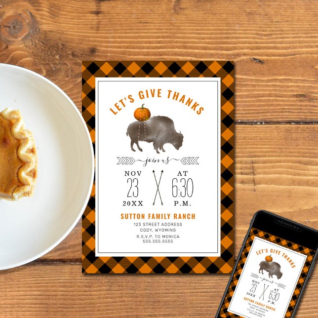 Thanksgiving Dinner Buffalo Bison Pumpkin Plaid Invitation (Creator Uploaded)