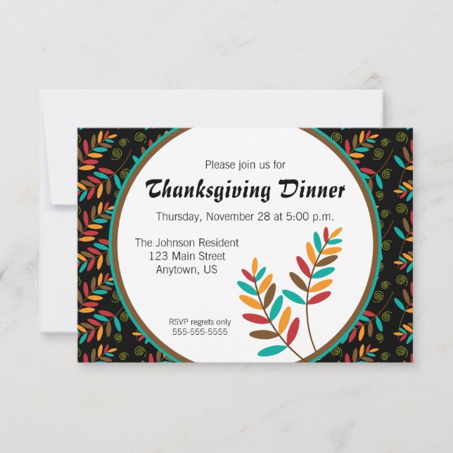 Thanksgiving Dinner Colourful Fall Leaf Pattern Invitation (Front)