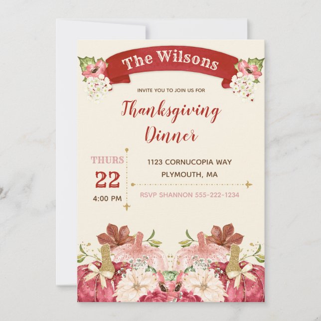 Thanksgiving Dinner Cranberry Ivory Gold Invitation (Front)
