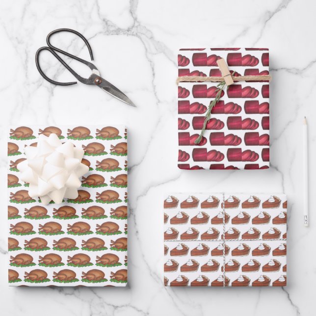 Thanksgiving Dinner Cranberry Turkey Pumpkin Pie Wrapping Paper Sheet (Front)