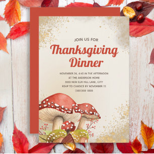 Thanksgiving Dinner Fall Autumn Red Mushrooms Gold Invitation
