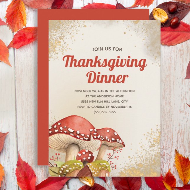 Thanksgiving Dinner Fall Autumn Red Mushrooms Gold Invitation (Red mushrooms Thanksgiving Dinner invitation)