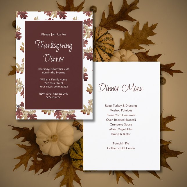 Thanksgiving Dinner Fall Foliage Rustic Burgundy  Invitation (Creator Uploaded)