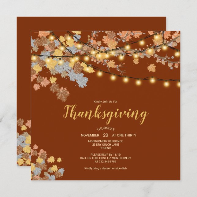 Thanksgiving Dinner Fall Leaves Vintage Lights Invitation (Front/Back)
