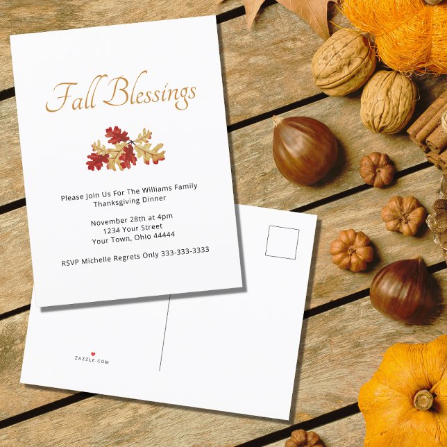  Thanksgiving Dinner Fall Rustic Gold Red Leaves  Invitation Postcard (Creator Uploaded)