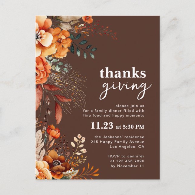 Thanksgiving dinner floral invitation  postcard (Front)