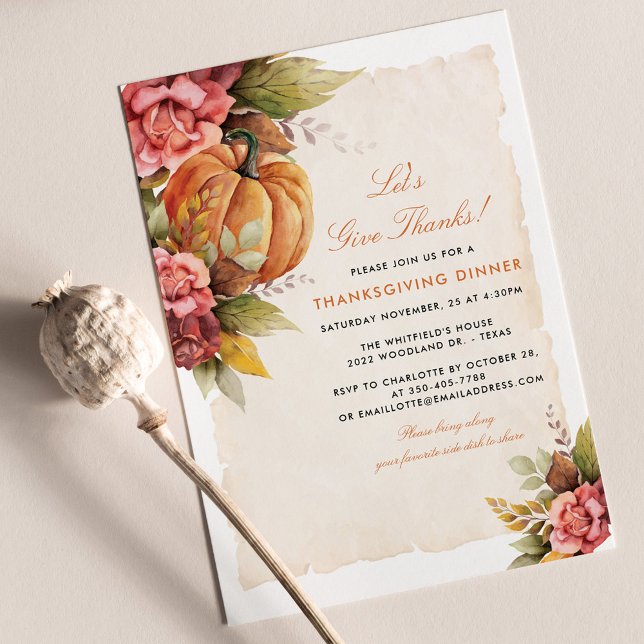 Thanksgiving Dinner Floral Pumpkin Holiday Card (Thanksgiving Lets Give Thanks Dinner Invitation Card)