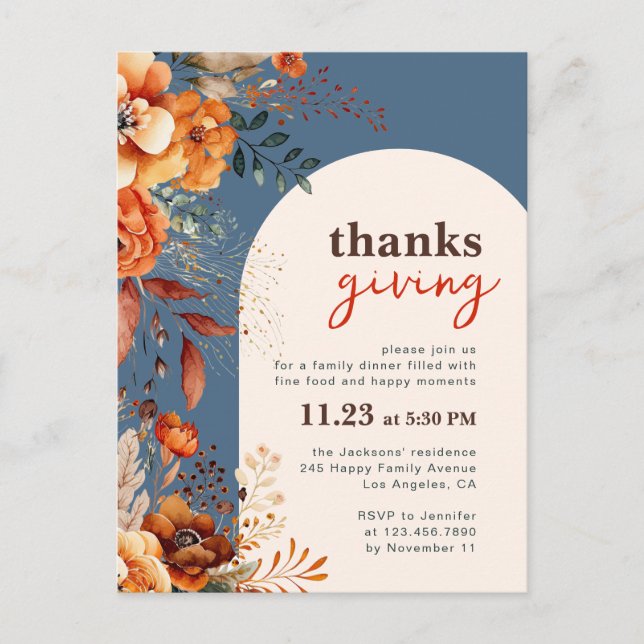 Thanksgiving dinner floral white arch invitation  postcard (Front)