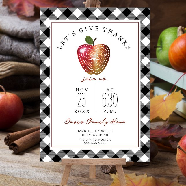 Thanksgiving Dinner Folk Art Apple Plaid Invitation (Creator Uploaded)
