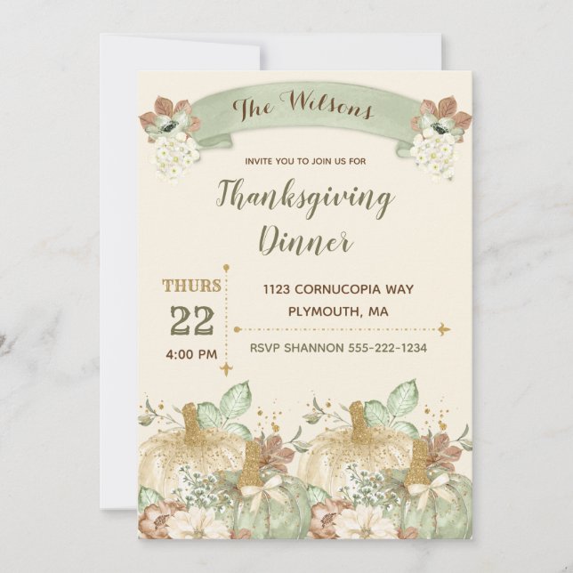 Thanksgiving Dinner Green Ivory Brown Gold Invitation (Front)