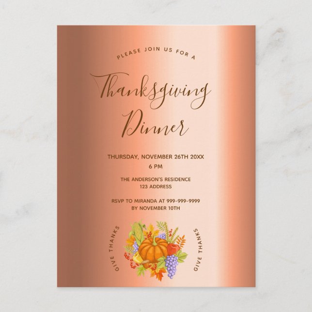 Thanksgiving dinner harvest copper invitation postcard (Front)