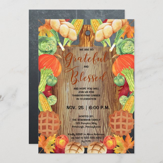 Thanksgiving Dinner-Harvest Grateful Blessed Invitation (Front/Back)