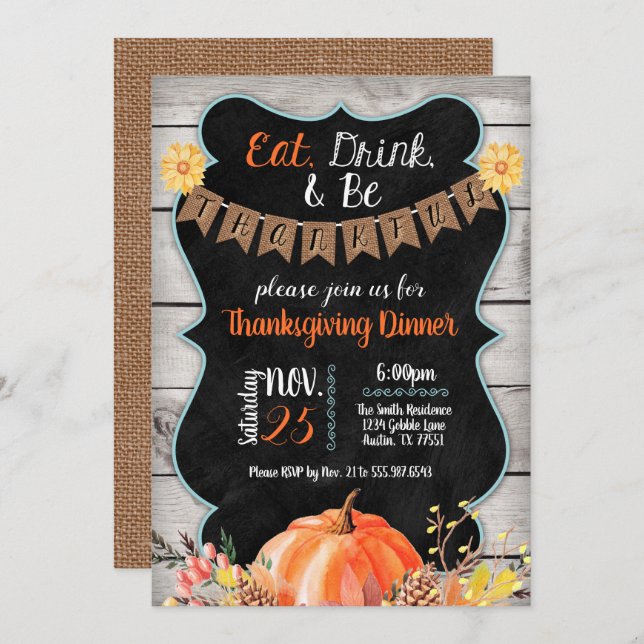 Thanksgiving Dinner Invitation Burlap Chalkboard (Front/Back)