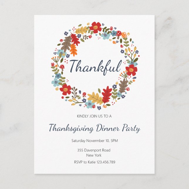 Thanksgiving Dinner Invitation Thankful Wreath Postcard (Front)