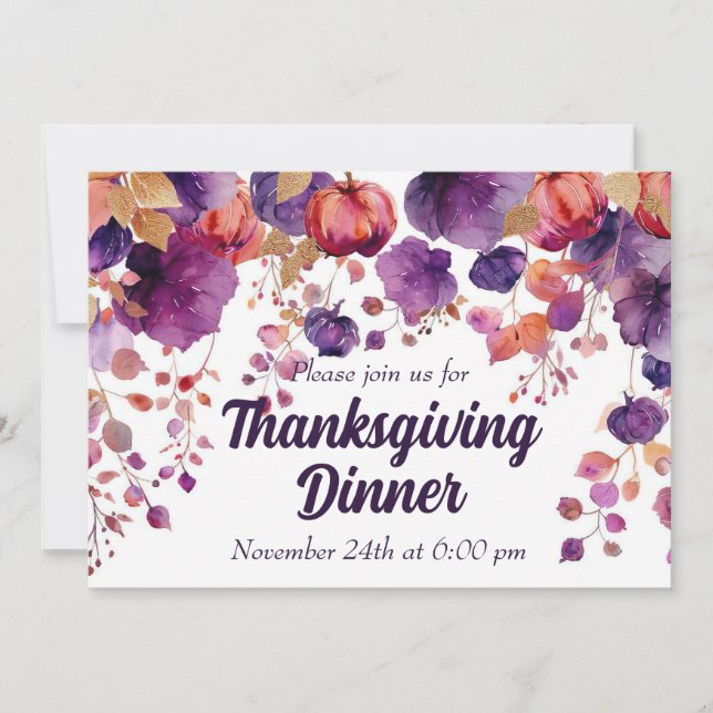 Thanksgiving Dinner Invitation Watercolor Pumpkin (Front)
