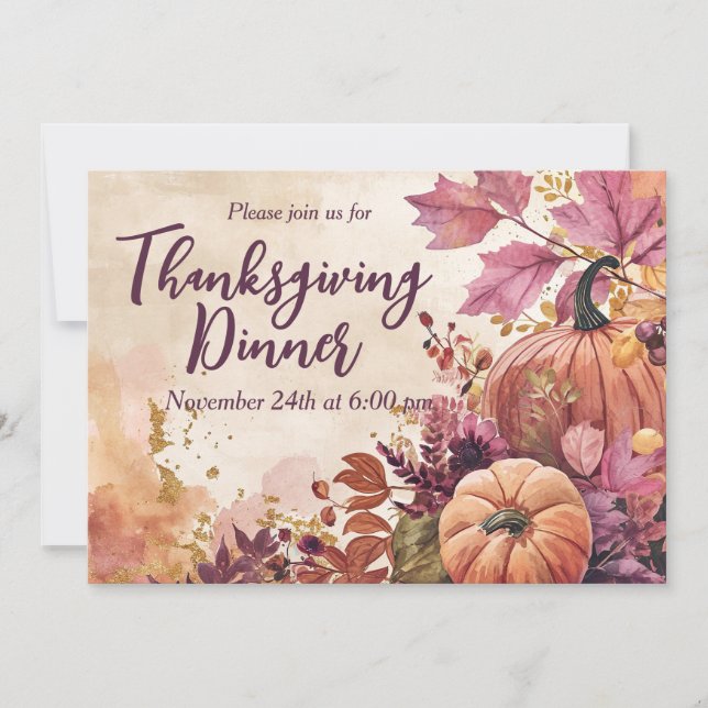 Thanksgiving Dinner Invitation Watercolor Pumpkins (Front)