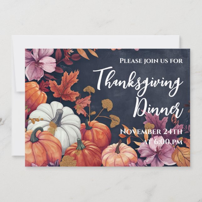 Thanksgiving Dinner Invitation Watercolor Pumpkins (Front)
