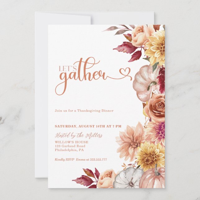 Thanksgiving Dinner Invite Pumpikns and flowers (Front)