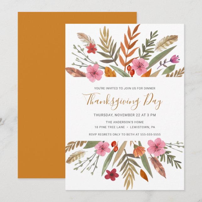 THANKSGIVING DINNER INVITE WATERCOLOR FALL FOLIAGE (Front/Back)