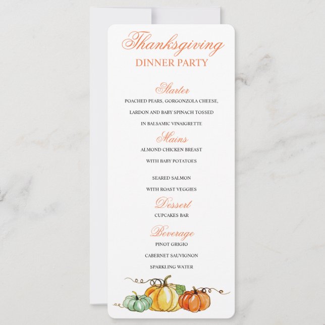 Thanksgiving Dinner menu pumpkins card (Front)
