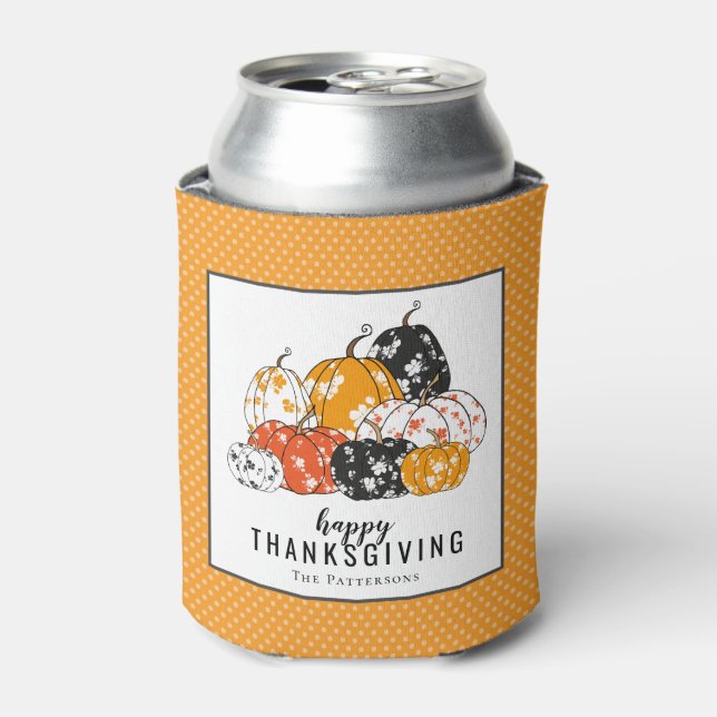 Thanksgiving Dinner Modern Floral Pumpkins Can Cooler (Can Front)
