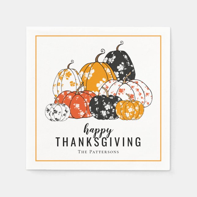 Thanksgiving Dinner Modern Floral Pumpkins Napkin (Front)