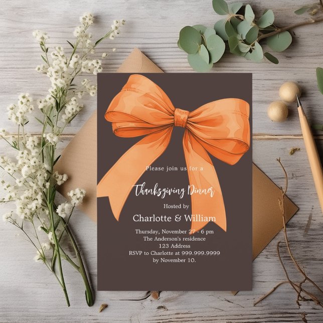 Thanksgiving dinner orange bow bistre brown invitation (Creator Uploaded)