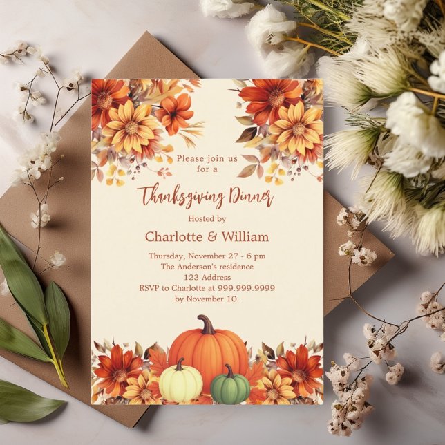 Thanksgiving dinner orange flowers pumpkin invitation (Creator Uploaded)