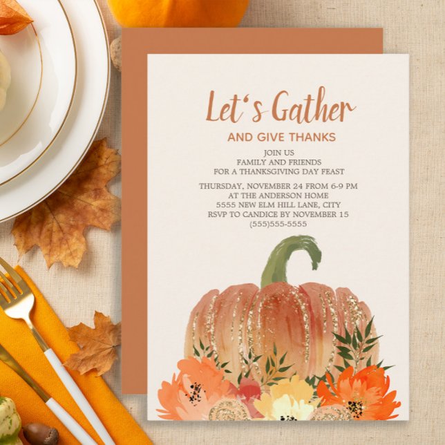Thanksgiving Dinner Orange Pumpkins Gold Green Invitation (Autumn/fall pumpkins Thanksgiving dinner invitation)