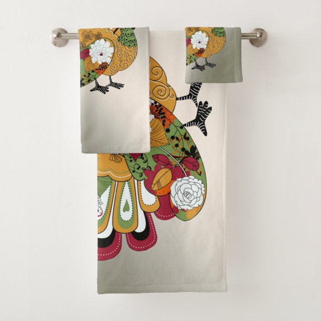 Thanksgiving Dinner Party Colourful Floral Turkey Bath Towel Set (Insitu)