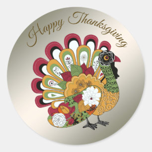 Thanksgiving Dinner Party Colourful Floral Turkey Classic Round Sticker