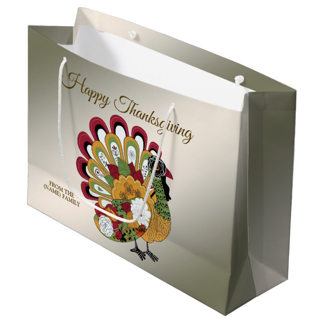 Thanksgiving Dinner Party Colourful Floral Turkey Large Gift Bag (Front Angled)