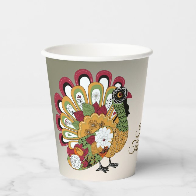 Thanksgiving Dinner Party Colourful Floral Turkey Paper Cups (Front)