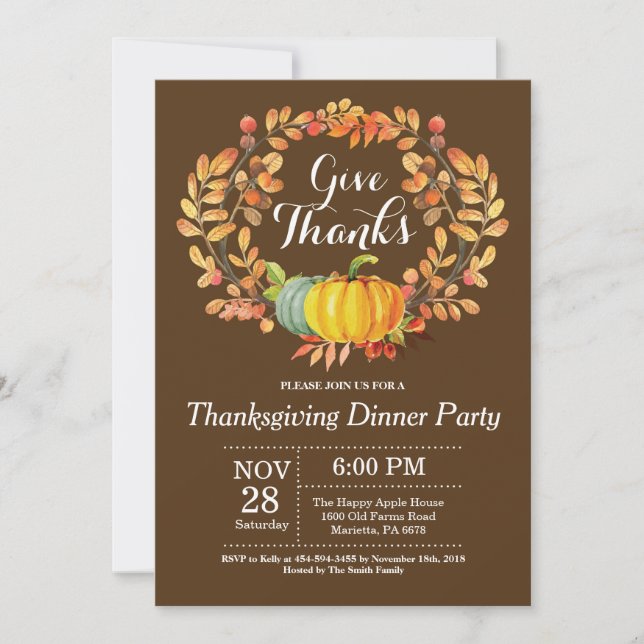 Thanksgiving Dinner Party Fall Autumn Brown Invitation (Front)
