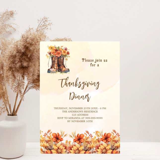 Thanksgiving dinner party orange fall floral boots invitation (Creator Uploaded)