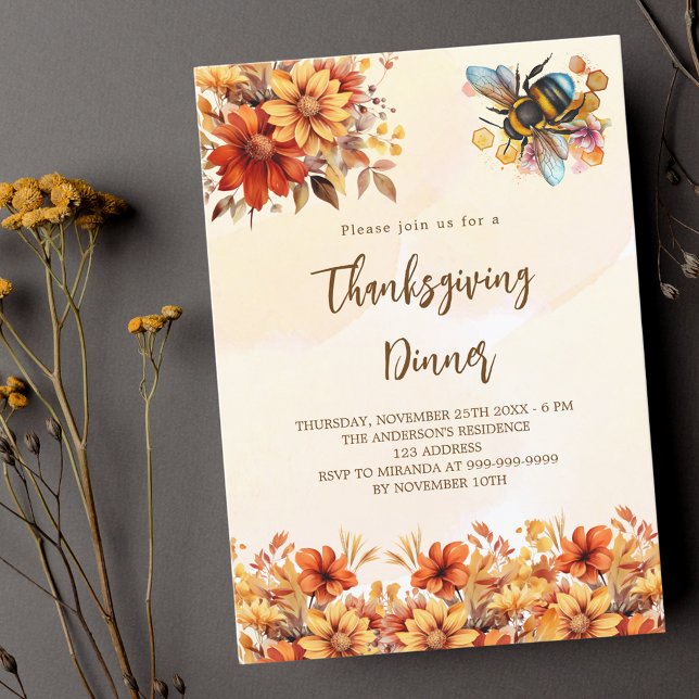 Thanksgiving dinner party orange fall florals bee invitation postcard (Creator Uploaded)
